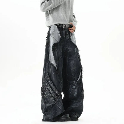 High Street Men's Denim Trousers Patchwork Contrast Color Drawstring Raw Edge Dirty-dying Worn-out Male Jeans New
