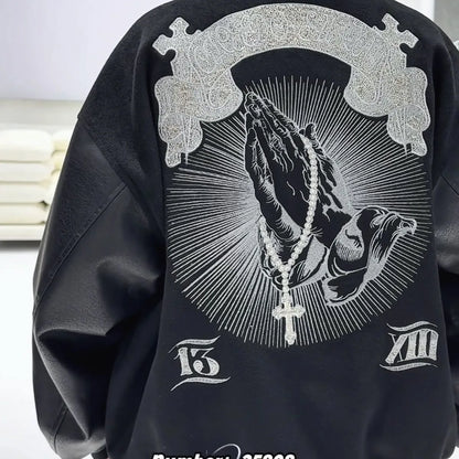 Embroidery bomber Jacket Men Splicing PU Leather Sleeves Spring Autumn Streewear varsity Jacket Baseball Coats Men Clothing
