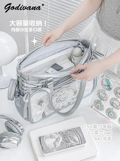 Japanese New Girls Silver Shoulder Bag Large Capacity Ribbon Itabag Student Women's Satin Messenger Bag Leather Backpacks
