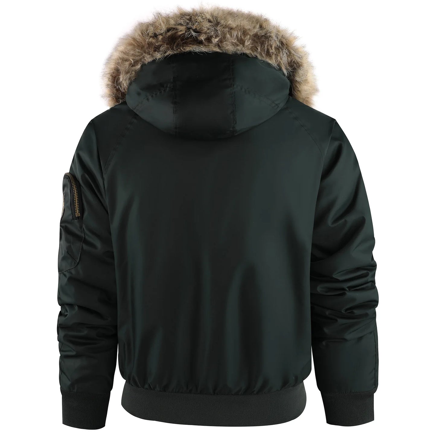 Men's Winter Warm, Hooded Jacket with Raw Edge, Lined Aviator Jacket, Embroidered Badge Design, Windproof and Waterproof Jacket