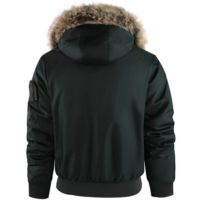 Men's Winter Warm, Hooded Jacket with Raw Edge, Lined Aviator Jacket, Embroidered Badge Design, Windproof and Waterproof Jacket