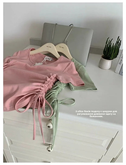 レディース アシンメトリー ドローストリング VネックTシャツ