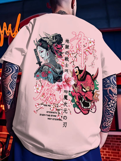 IJapanese Style Prajna Geisha Cherry Blossom Pure Cotton T-shirt for Children and Adults, Breathable and Fun Top