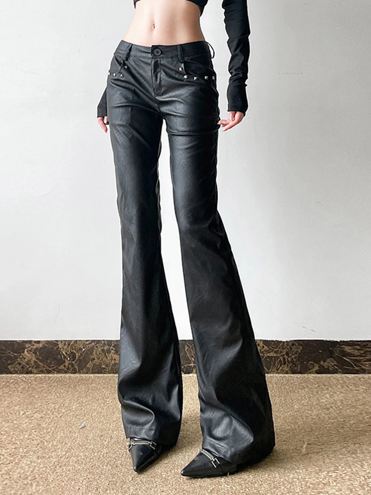 2025 Autumn Winter Women's PU Pants Low Rise Goblin Core Faux Leather Trousers Bell Bottom Gothic Japanese Y2k Stretch 2000s New