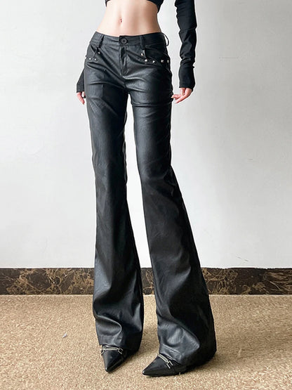 2025 Autumn Winter Women's PU Pants Low Rise Goblin Core Faux Leather Trousers Bell Bottom Gothic Japanese Y2k Stretch 2000s New