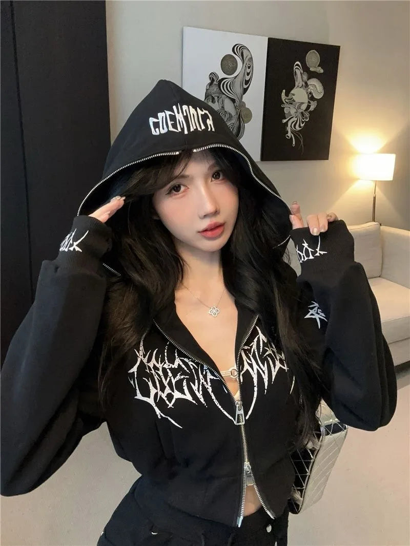 Dark Style Short Letter Sweatshirt And  Skirt Set for Women Trendy Streetwear Autumn Collection Long Sleeve Casual Sports...
