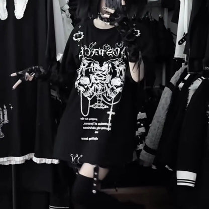 Sweet Girl Style Y2K Subculture Printed Crew Neck Short Sleeve Loose T-shirt Gothic Top Trend (Accessories Not Included)