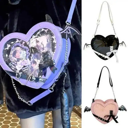 Heart Devil Wings Punk Itabags Belt Buckle Gothic Shoulder Pain Bag PU Leather Y2k Display Chain Crossbody Bag Cosplay Bag Girls