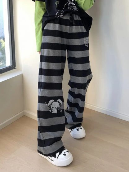 Kimotimo Punk Anime Printed Striped Pants Women Harajuku Y2k Straight Casual Long Trousers 2025 Autumn Vintage Gothic Streetwear