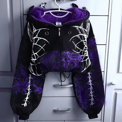 Y2K Grunge Purple Black Lightning Crackle Print Fleece Lined Cropped Zip Up Hoodie Women Hot Girl Oversized Drawstring Sherpa