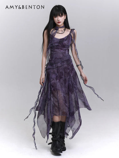 Women's Purple Tie-Dye V-Neck Midi Dress