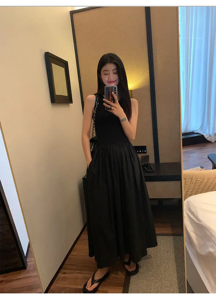 New Vintage Holiday Style Black Midi Dress Dresses for Women Clothing O Neck Office Lady Casual Pockets Women's Clothing