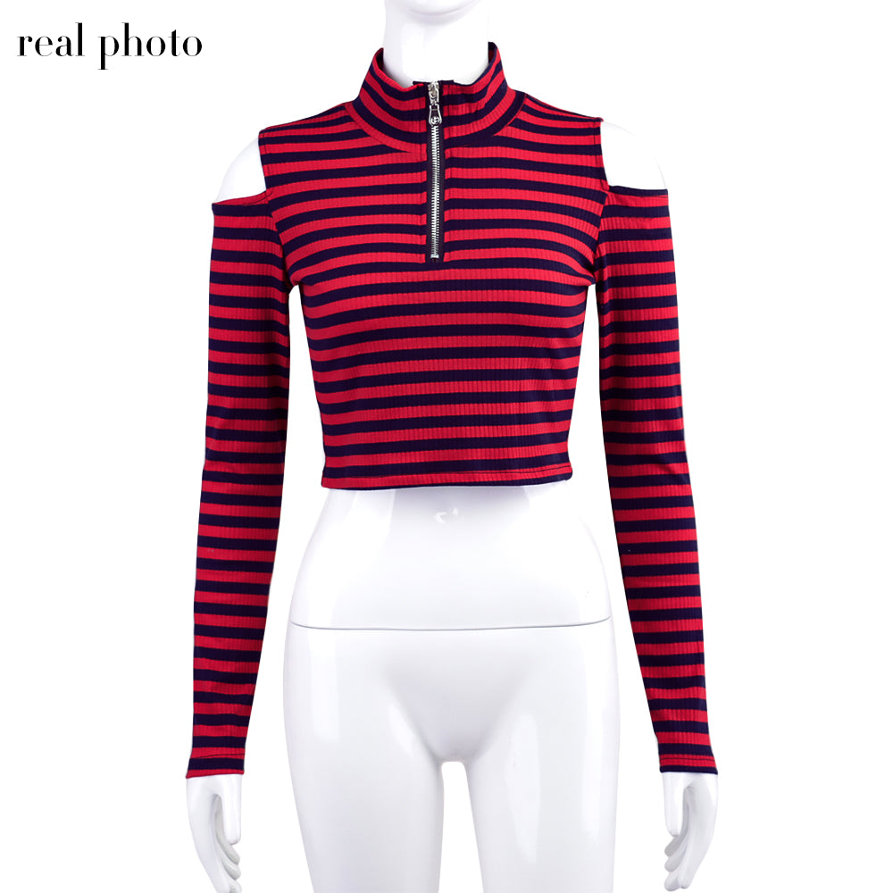 Grunge Striped Mall Gothic Basic T-shirts Punk E-girl Aesthetic Bodycon Casual Crop Tops Long Sleeve Open Shoulder Tee Gothic