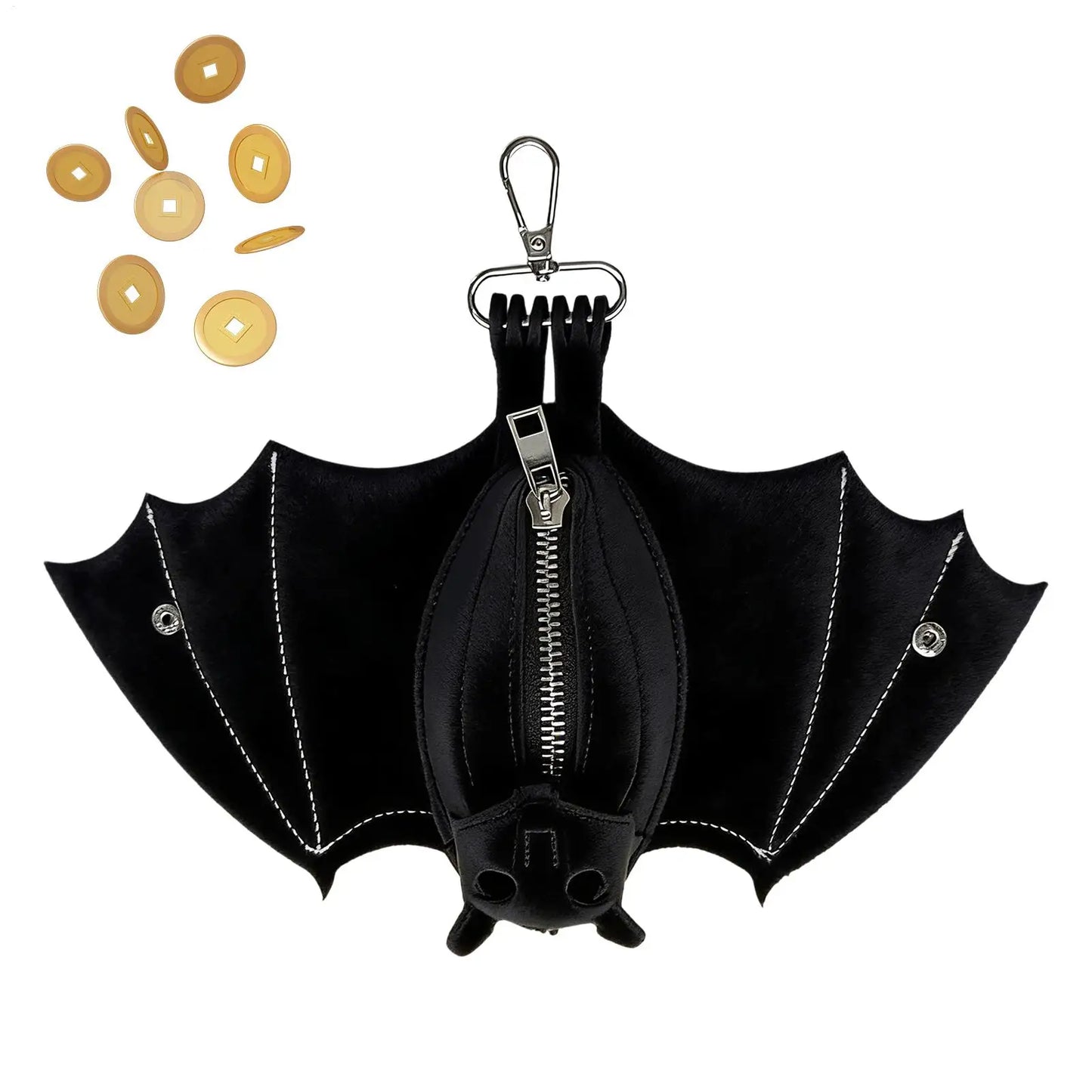 Coin Purse PU Leather Bat Gothic Bag Keychain Change Purse with Foldable Wings for Outdoor Shopping Travel Work School Events