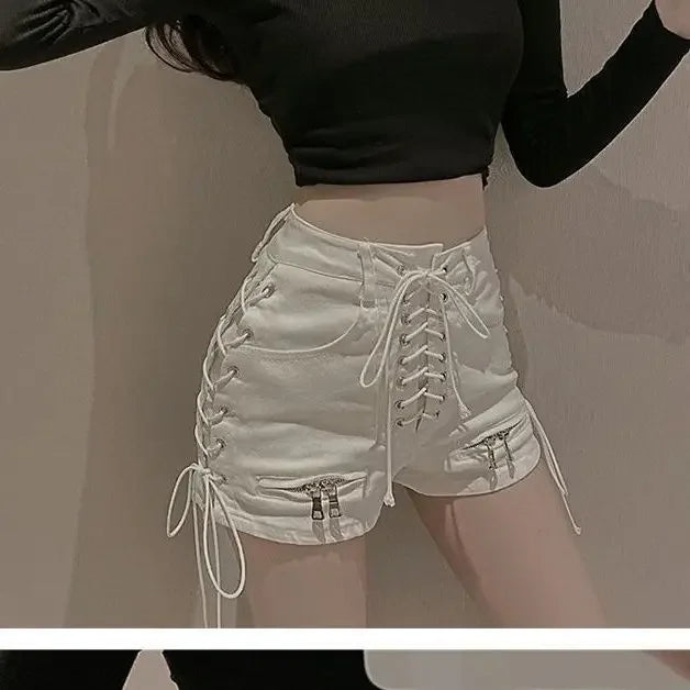2024 New Bandage Sexy Denim Shorts Women Streetwear Gothic Jeans Mini High Waist Lace Up Casual Zip Black Goth Club Fashion