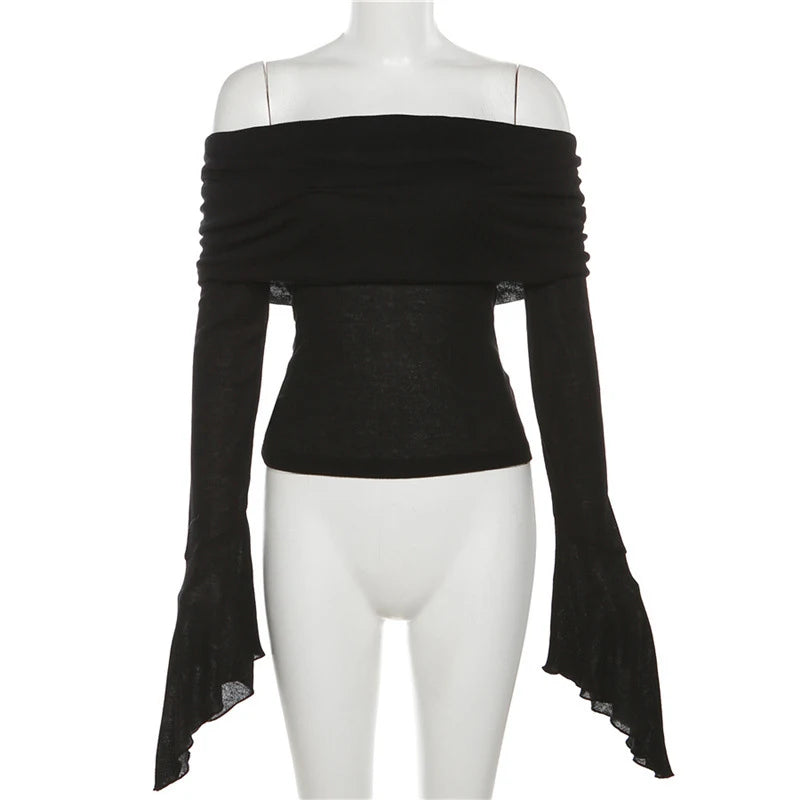 Y2k Aesthetic Simple Fashion Women's Tee Shirts Slash Neck Long Sleeve Solid Casual T-Shirts Vintage Off Shoulder Trendy Tshirts