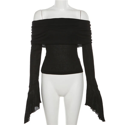 Y2k Aesthetic Simple Fashion Women's Tee Shirts Slash Neck Long Sleeve Solid Casual T-Shirts Vintage Off Shoulder Trendy Tshirts
