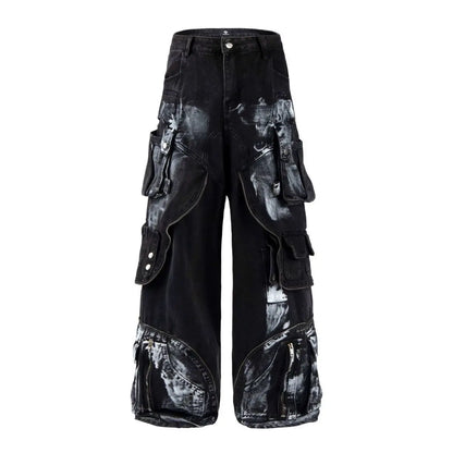 American Oversized Retro Pocket Folding Jeans For Men And Women Washed Tie Dye Heavy Industry Gothic Hip-Hop Zipper Loose Jeans