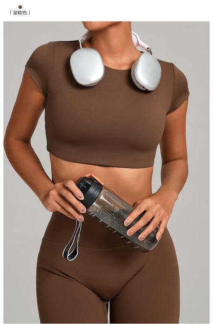 Hollow Backless Short Sleeve Sporty Slim T-shirt Women Crop Top Breathable Quick Dry Gym Workout Top Sport Shirt Fitness Clothes