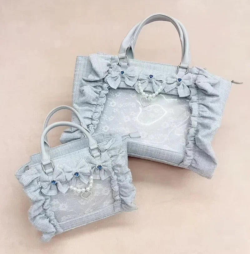 Japanese Style Mine Bags Women Ruffled Lace Lolita Girls Rhienstone Pearl Bowknot Square Tote Shoulder Portable Bolso Handbags