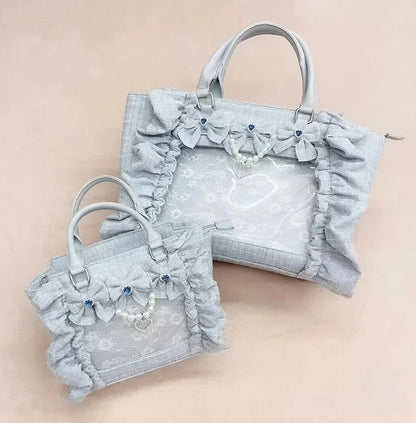 Japanese Style Mine Bags Women Ruffled Lace Lolita Girls Rhienstone Pearl Bowknot Square Tote Shoulder Portable Bolso Handbags