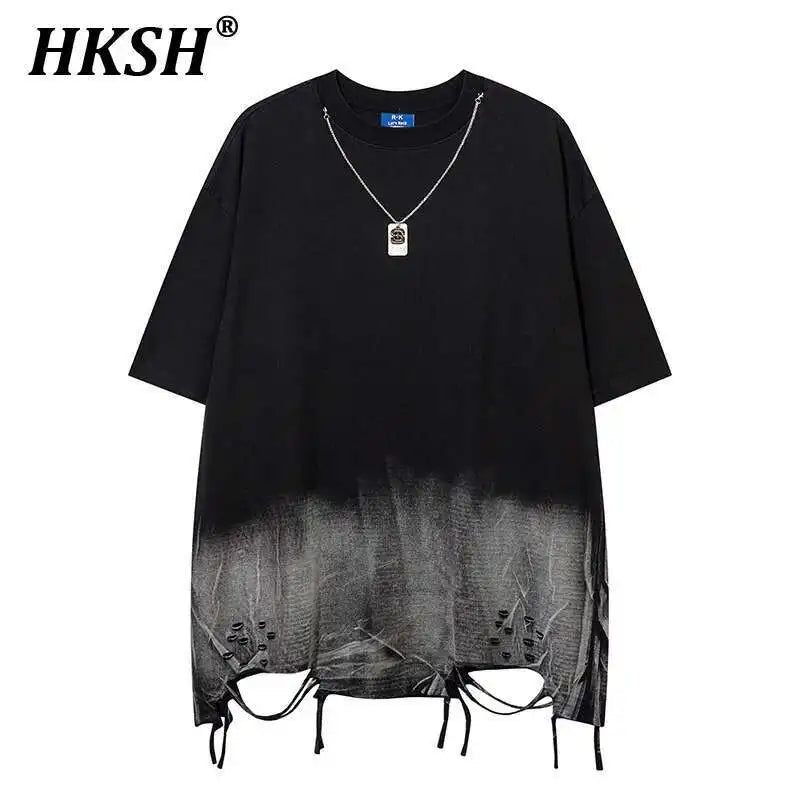 HKSH Summer New Trendy Dark Color Contrast O-Neck Short Sleeve T-shirts Men's Tide High Street Half Length Tees Tie-dyed HK0989