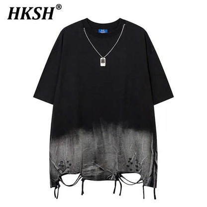 HKSH Summer New Trendy Dark Color Contrast O-Neck Short Sleeve T-shirts Men's Tide High Street Half Length Tees Tie-dyed HK0989