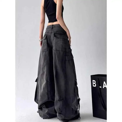 American Gothic Heavy-Industry Multi-Pocket Ripped Black Jeans Retro Fashion Men and Women Loose Wide Legs Casual Pants