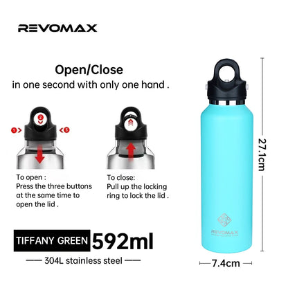 RevoMax-Double Wall Insulated Water Bottle, Outdoor Travel Sports Bottles, Stainless Steel Thermos for Tea, Thermal Cup, 600ml