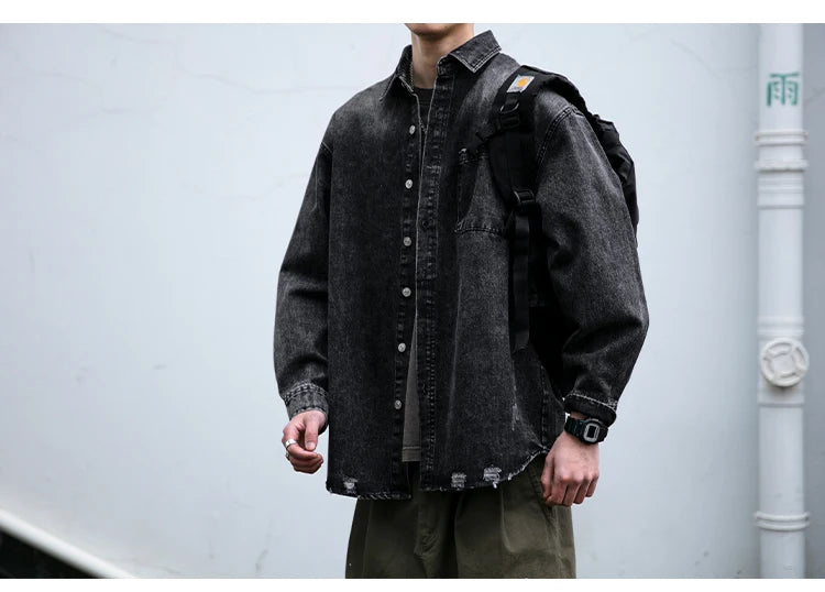 American Streetwear Wash Denim Shirts For Men Harajuku Casual Men'S Clothing Vintage Blue Lapel Cargo Coat Korean Long Sleeve