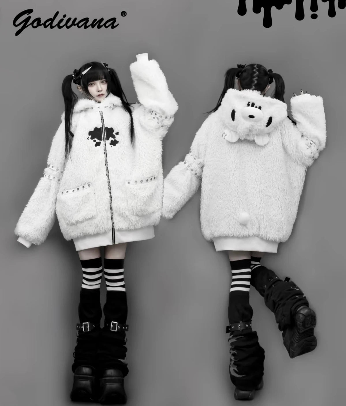 Japanese Gothic Hooded Plush Coat New Autumn Winter Subculture Cool Girl Women's Punk Rivet Lamb Wool Hoodie Jacket Zipper Coat