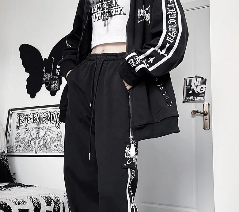 Original Printed Subculture Dark Loose Tracksuit Top and Pants Set Women's Outfits Oversized Stand Collar Zipper Sweatshirts