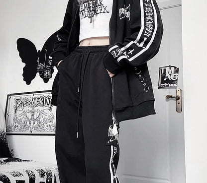Original Printed Subculture Dark Loose Tracksuit Top and Pants Set Women's Outfits Oversized Stand Collar Zipper Sweatshirts
