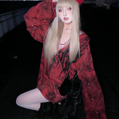 Y2k Aesthetic Printing Punk Hoodies Women Grunge Loose Pocket Oversized Hooded Hoody Harajuku Streetwear Emo Zipper Sweatshirts
