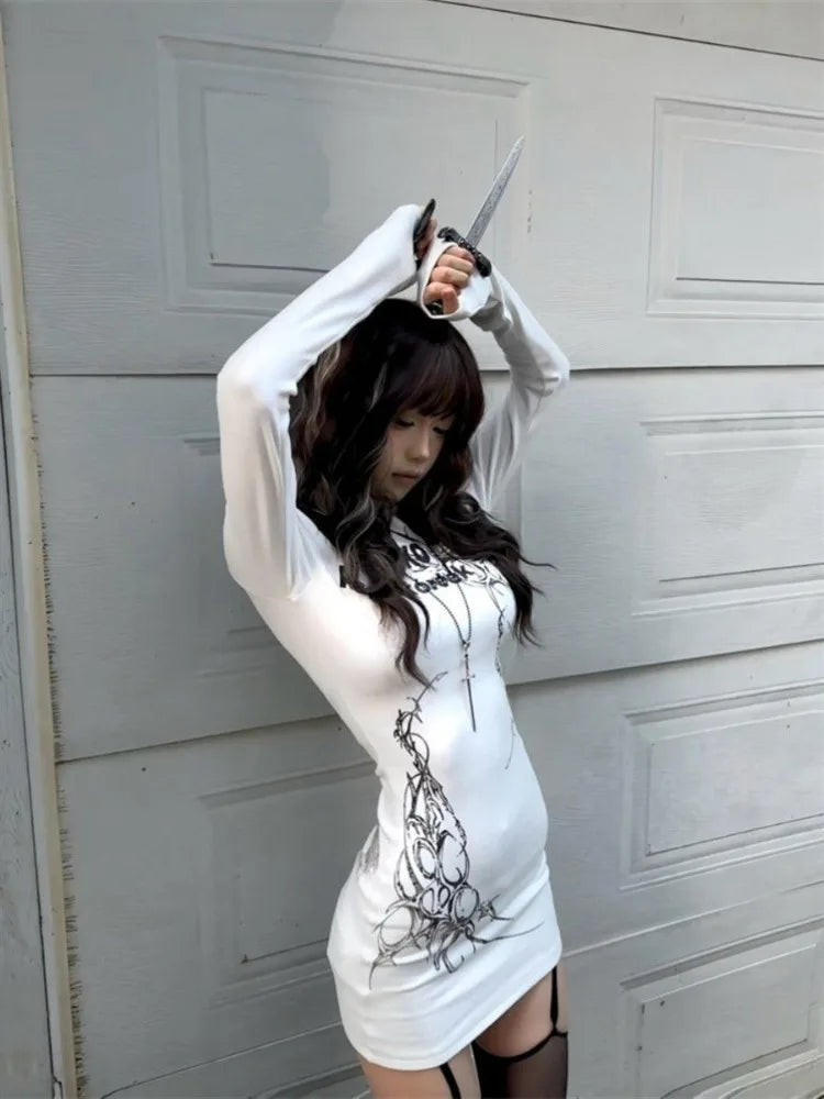 Women's Punk Print Long-Sleeve Hip Dress