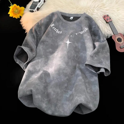 American Style Dyed Short Sleeve T-Shirt Men's Summer Ice Silk Retro Trendy Loose Sorona Body Fit Camouflage Crew Neck T-Shirt