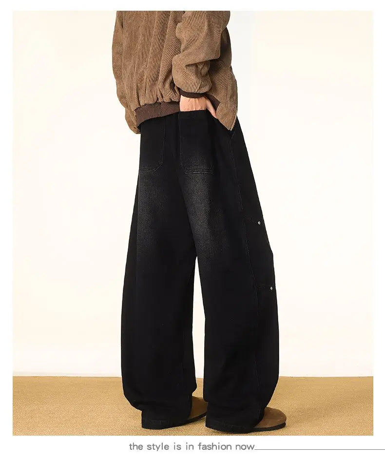 Men's Spring And Autumn Fashion Washed Large Versatile Casual Pants Retro Splicing Nail Beaded Jeans Loose Straight Leg Pants