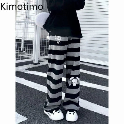 Kimotimo Punk Anime Printed Striped Pants Women Harajuku Y2k Straight Casual Long Trousers 2025 Autumn Vintage Gothic Streetwear