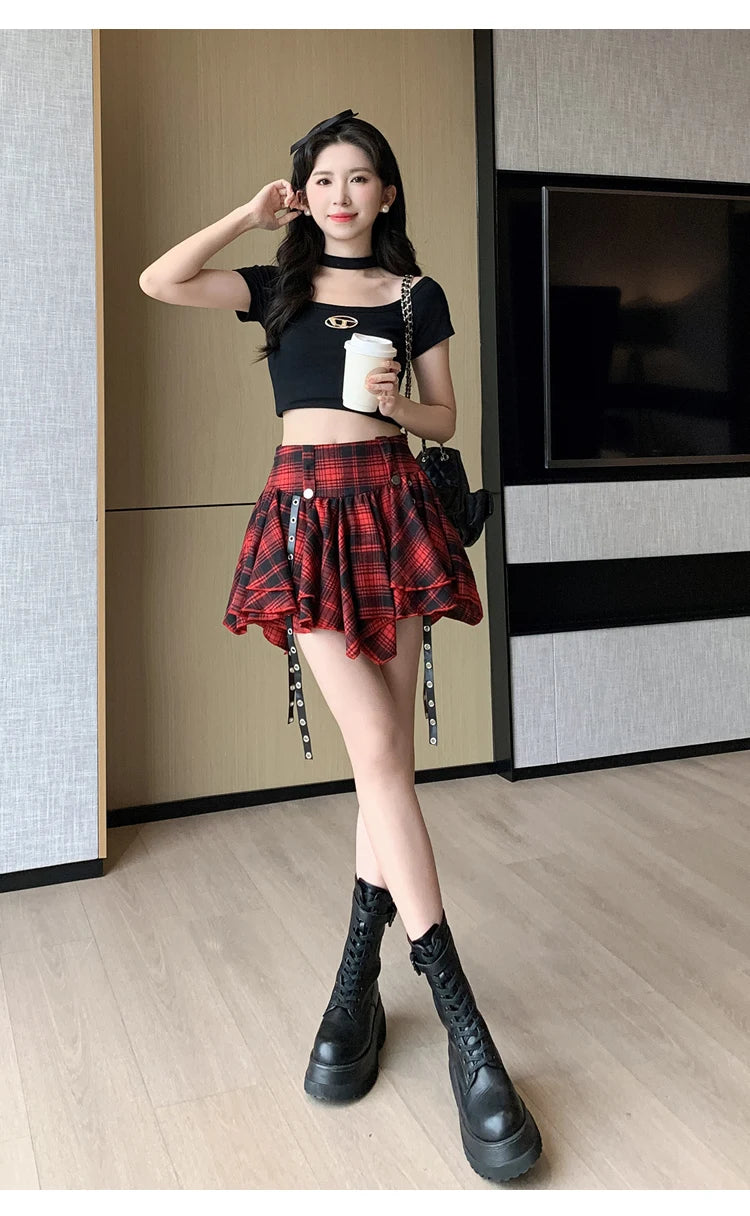 Sexy Plaid Pleated Mini Skirts For Women Y2k Casual Simple Korean Fashion Preppy Style Vintage Chic High Waist Faldas Hotsweet