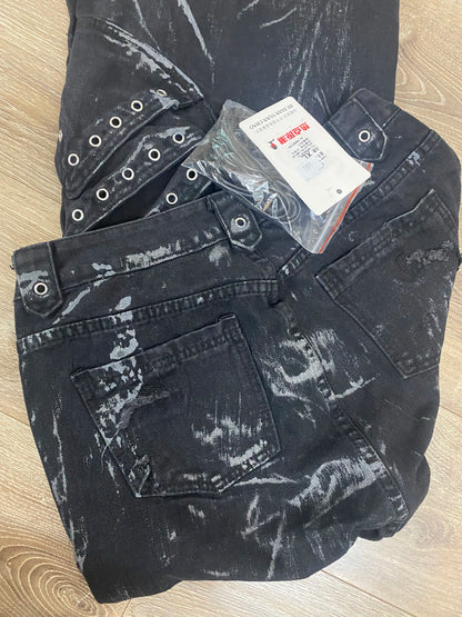 High Street Men's Denim Trousers Patchwork Contrast Color Drawstring Raw Edge Dirty-dying Worn-out Male Jeans New