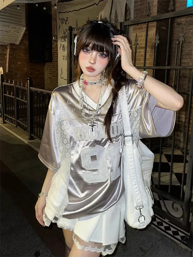 Retro American Splice V-neck Hollow out Lace Short Sleeve T-shirt Women - APEX RITUAL women's t-shirts
