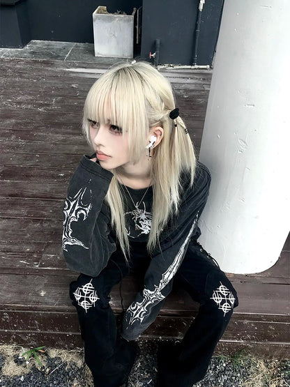 Women Grey Torn T-shirt Harajuku Korean Y2k Tees Top Vintage 90s Aesthetic Long Sleeve T-shirt 2000s Trashy Fashion Clothes