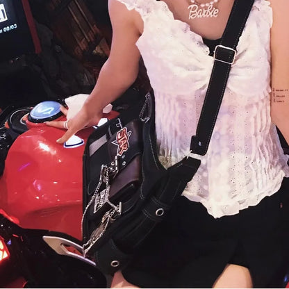 Women Y2k Star Crossbody Bag Pu Leather Fashion Girls Chain Messenger Bags For Students Patchwork School Bag Motor Style 2024
