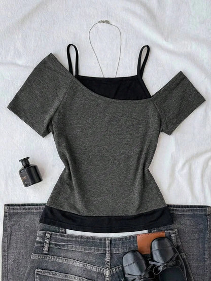 Women's Y2K Layered Off-Shoulder T-Shirt