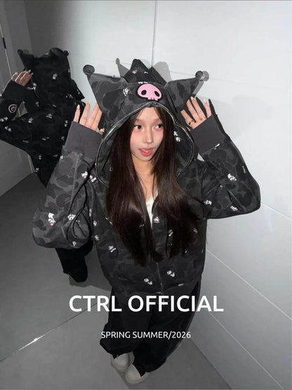 In  Stock  Anime Hello Kittys Hooded Jacket Girl Commuting Coat Jacket Kuromi Anime 3d Ears Hooded Cute Leopard Print Clothes
