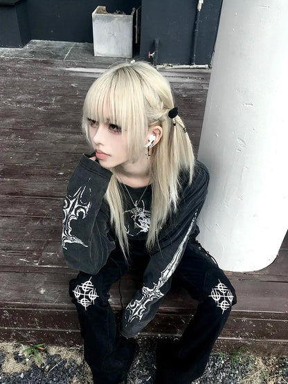 Women Grey Torn T-shirt Harajuku Korean Y2k Tees Top Vintage 90s Aesthetic Long Sleeve T-shirt 2000s Trashy Fashion Clothes