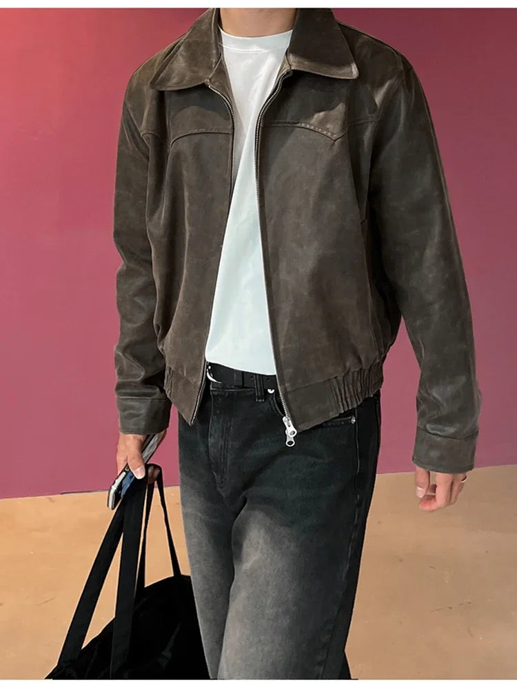 Spring Autumn Vintage Lightweight Distressed Washed Brown Pu Leather Jacket Men Zipper Casual Korean Fashion Clothes