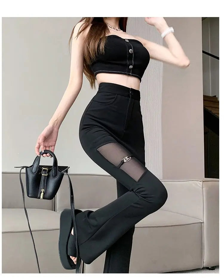 Sexy Black Mesh Patchwork High Waisted Flared Pants Chic Slim Women's Thin Trousers for Summer Korean Style