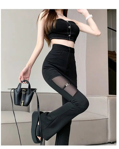 Sexy Black Mesh Patchwork High Waisted Flared Pants Chic Slim Women's Thin Trousers for Summer Korean Style