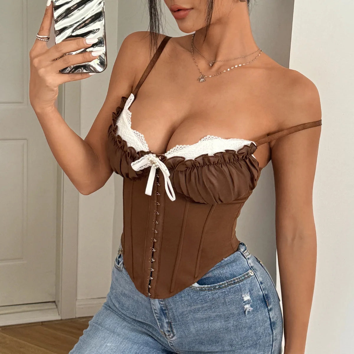 SSexy V Neck Y2K Crop Tops Lace Patchwork Pleated Bowknot Corset Top Sexy Backless Slim Camisole Body Shape Fishbone Bustier